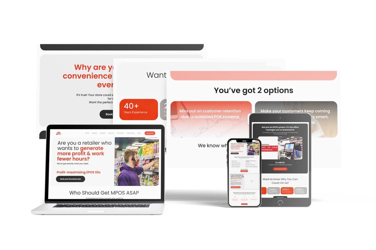 Responsive website design shown across desktop, tablet and mobile